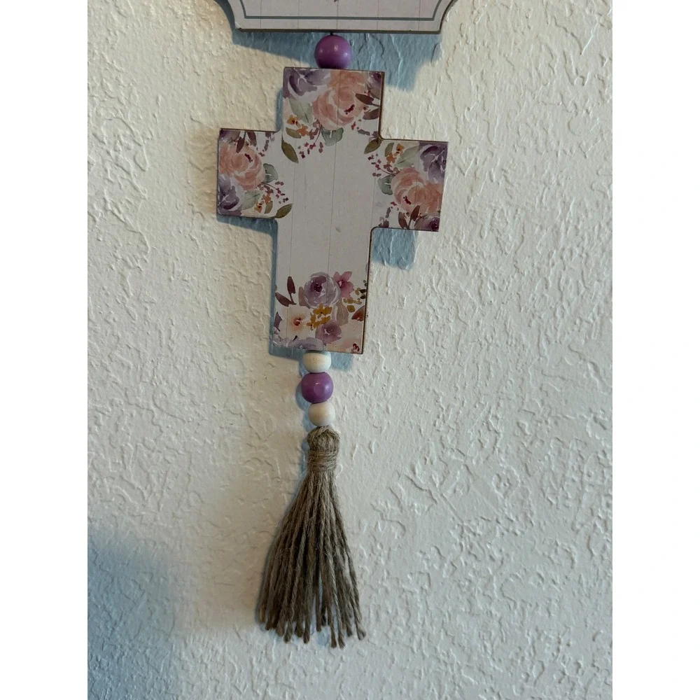 Special Moments Floral Pray Cross Wall Decor Lavender Pink Wood Bead Tassel 23in